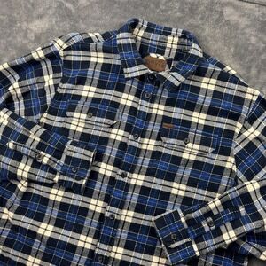 Orvis Shacket Mens 2XL Blue Black Plaid Flannel Heavyweight Button Up Pockets